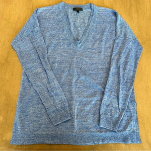 J Crew Lightweight Merino Wool/Linen Blend Blue V-Neck Sweater Size S